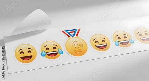 Sheet of cheerful emoji stickers featuring laughing faces and a triumphant gold medal, symbolizing happiness, success, and positive emotional achievement for playful use