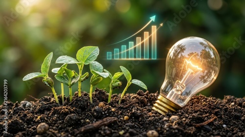 Small green plant growing in soil next to a glowing light bulb with a rising growth chart.