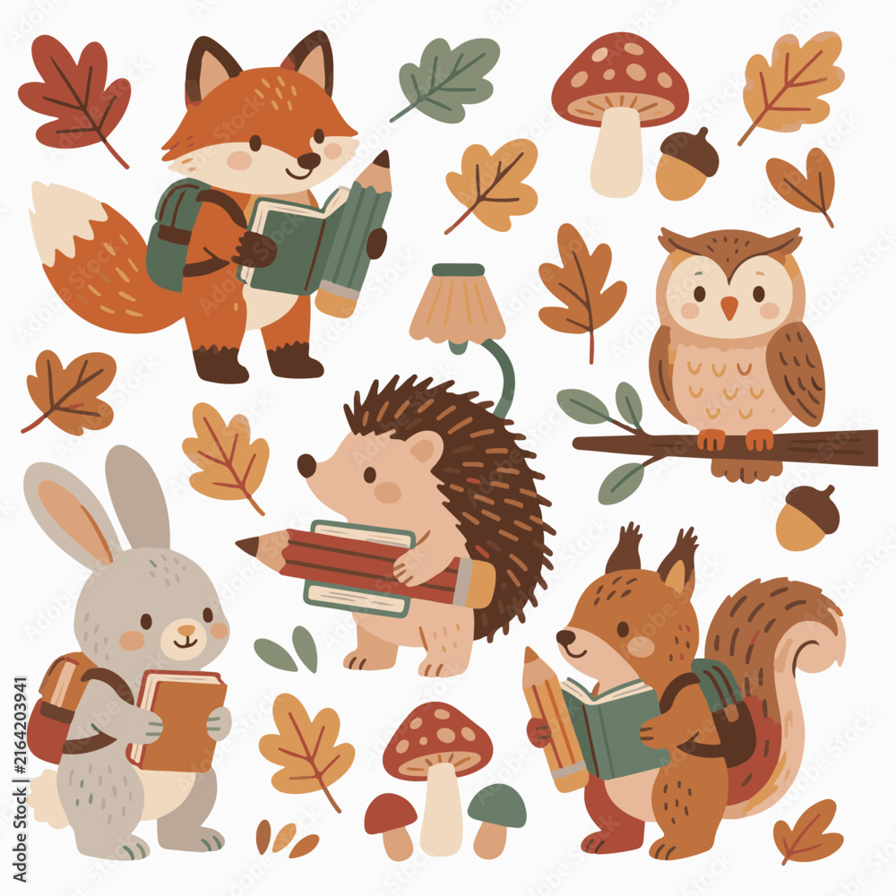 Naklejka premium Cute autumn back to school woodland animals clipart set with fox, hedgehog, squirrel, owl, and rabbit reading books, pencils, oak leaves, and mushrooms isolated on white background
