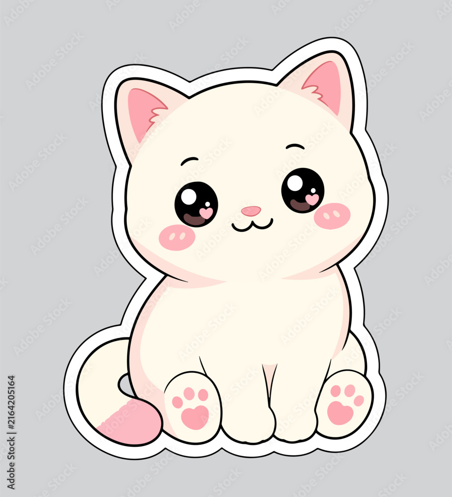 Fototapeta premium Kawaii Cute White Cat Sticker with Pink Details