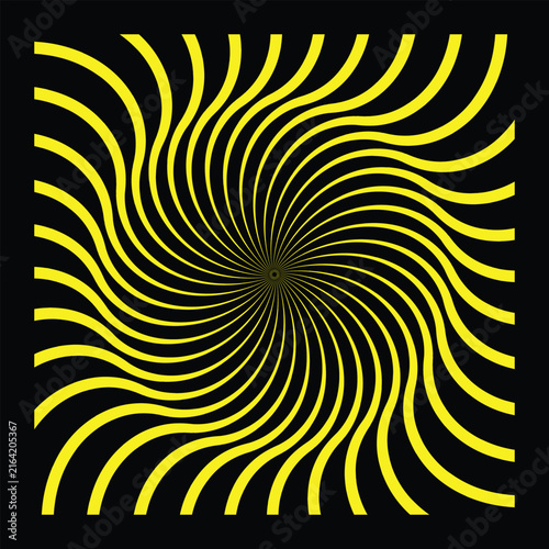 Psychedelic yellow curved sunburst rays on black background with sunburst