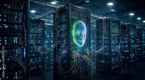 Glowing artificial intelligence face appearing on server rack in dark data center. Concept of sentient machine learning and neural network processing.