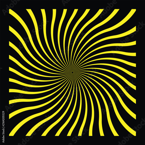 Hypnotic yellow spiral sunburst rays on black background with sunburst