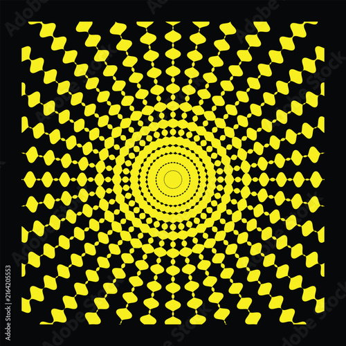 Geometric yellow dotted concentric circles on black background with concentric