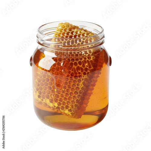 Glass jar of golden honey with metal lid and wire handle isolated on transparent background