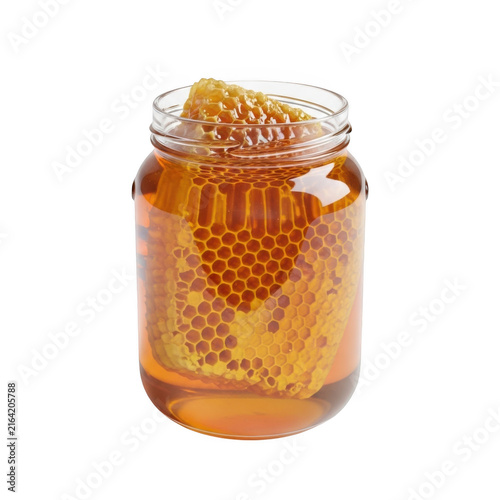 Glass honey jar with golden honey and metal lid on white surface isolated on transparent background