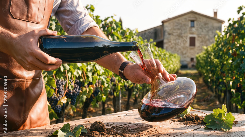 Naklejka premium Winemaker pouring red wine from bottle into glass decanter at vineyard. Professional sommelier aerating wine outdoors on rustic wooden table with stone villa in background.