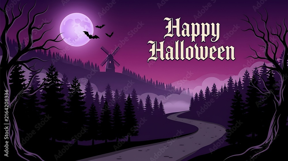 Fototapeta premium A Spooky Halloween Landscape Featuring A Full Moon Over A Dark Forest