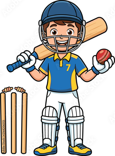 Cute Cartoon Boy Cricket Player Vector Illustration Featuring Batsman Character with Bat Ball Helmet Pads and Wickets