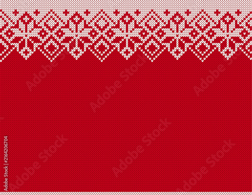 Holiday knit background with snowflakes. Christmas winter ornament. Festive seamless pattern. Knitted sweater print. Xmas geometric border. Fair isle traditional texture. Vector.