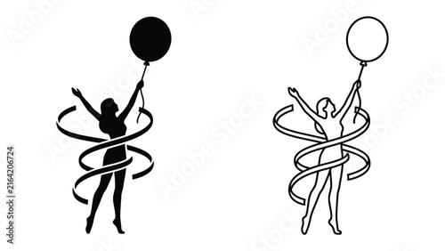 Obraz na plátne Celebration of Freedom: Two stylized figures, one silhouetted and one outlined, hold aloft balloons, symbolizing hope and aspiration, as ribbons spiral around them in a dance of joy and liberation