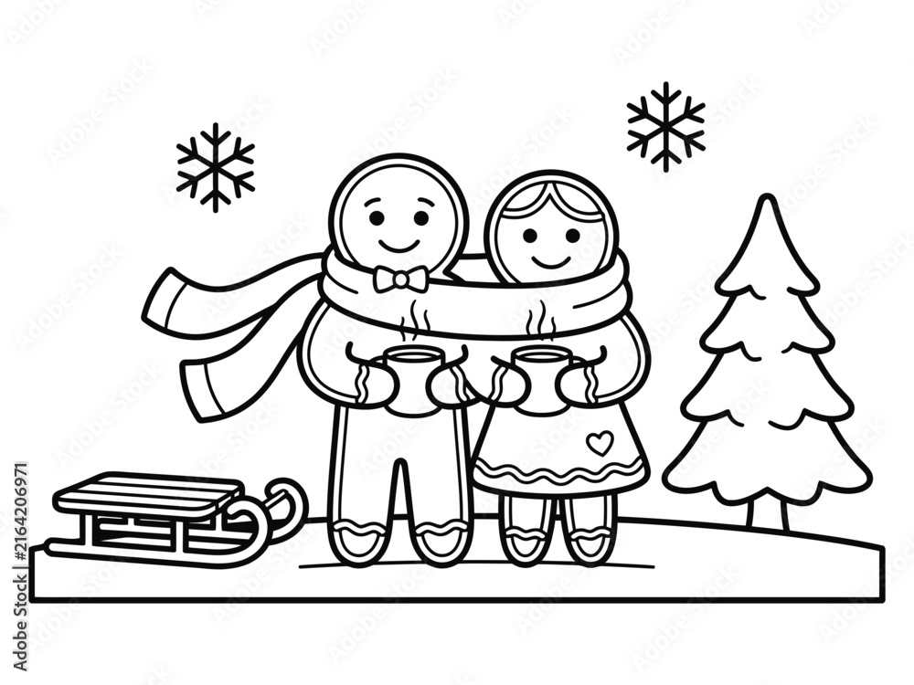 Fototapeta premium Winter children hugging beside sled and Christmas tree line art