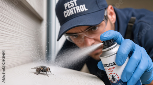 Exterminator spraying insecticide on fly outside residential house. Pest control professional using chemical aerosol to eliminate insects from home exterior.