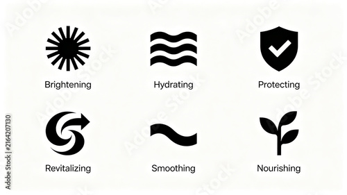 Simple black skincare efficacy icon, representing brightening, moisturizing, protective and nourishing, suitable for beauty packaging and e-commerce selling point modules.
