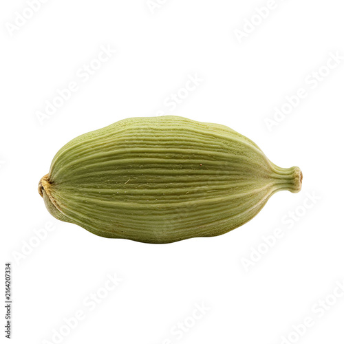 Single Green Cardamom Pod Spice Isolated on White Background Natural Food Ingredient
