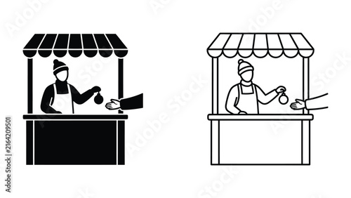Foto Market Stall Transaction: A vendor at a market stall, dressed warmly for the weather, hands a small item to a customer, symbolizing a commercial exchange