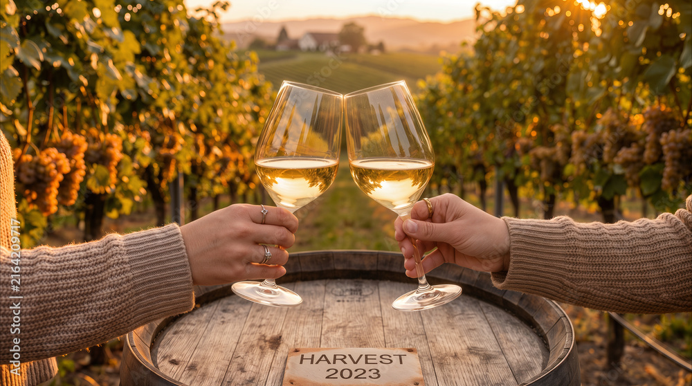 Naklejka premium Wine glasses clinking over wooden barrel in vineyard at sunset. Celebration of successful harvest season in rural countryside.