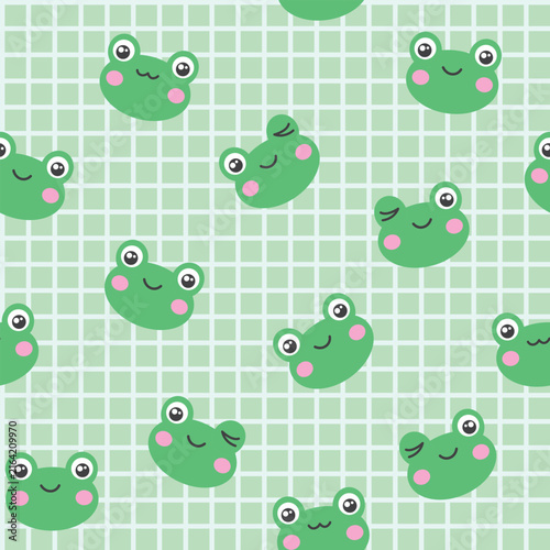 Seamless pattern with kawaii style frogs on a green checkered background