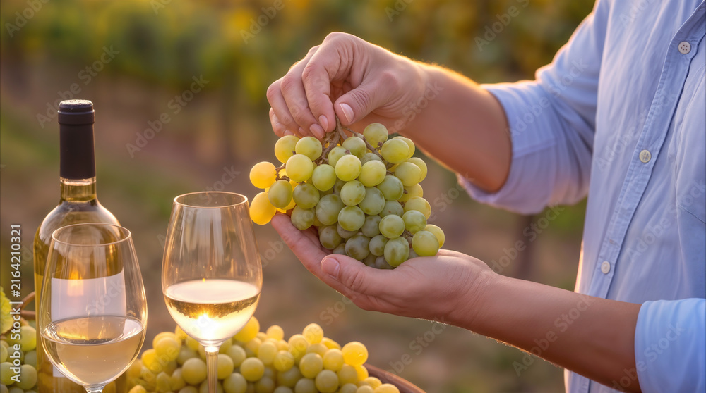 Naklejka premium Winemaker holding cluster of white grapes in vineyard during harvest. Viticulture and wine production concept.