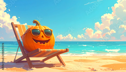 Cheerful pumpkin wearing tiny sunglasses lounging on small beach chair creating absurd funny mood generative AI