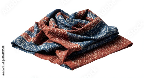Traditional Indian kantha quilt blanket with block print patterns isolated on white background.