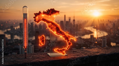 Italy map silhouette glowing with heat thermometer representing global warming