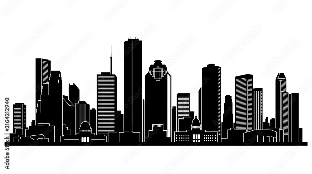 Naklejka premium Houston Texas city skyline silhouette vector illustration featuring high-contrast black buildings on a white background including major downtown skyscrapers and urban landmarks.