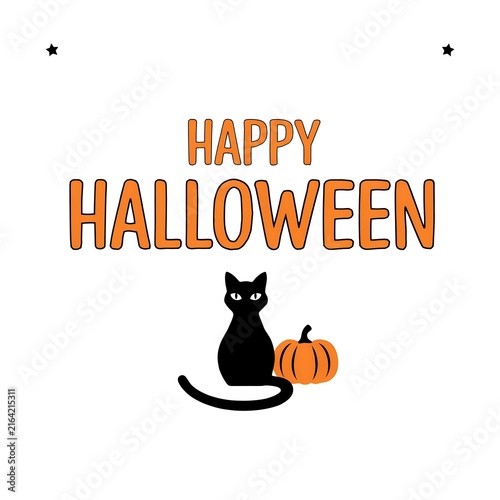Festive happy halloween greeting with a black cat and orange pumpkin illustration