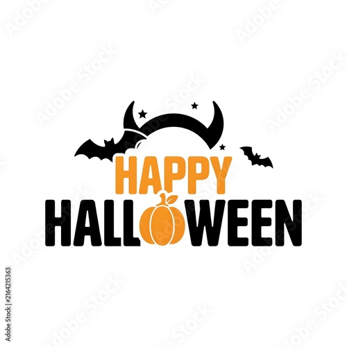 Happy halloween typography with bats pumpkin and crescent moon illustration