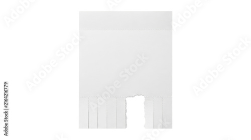 Blank white tear-off advertisement paper template with vertical perforations on solid white background