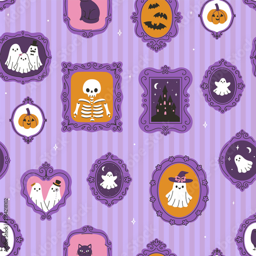 Spooky gothic portait gallery halloween seamless pattern. Vector graphics.