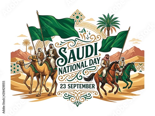 Saudi national day celebration illustration with camels and horses