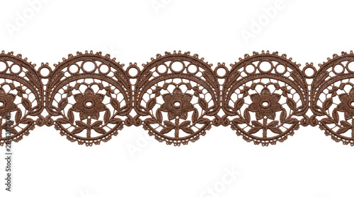 Brown floral crochet lace trim border with scalloped arches and openwork patterns