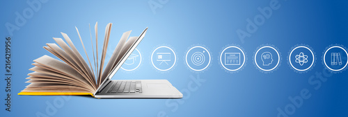 E learning with open book and laptop showing various educational icons against blue background
