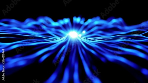 Blue glowing wave patterns radiate from a central point, creating a mesmerizing visual effect in a dark environment with flowing lines and dynamic light