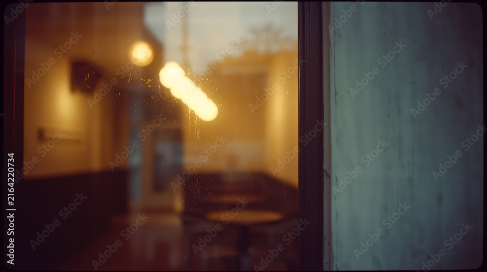 Fototapeta premium Warm cafe window glowing softly outside evoking cozy urban mood and peaceful street generative AI