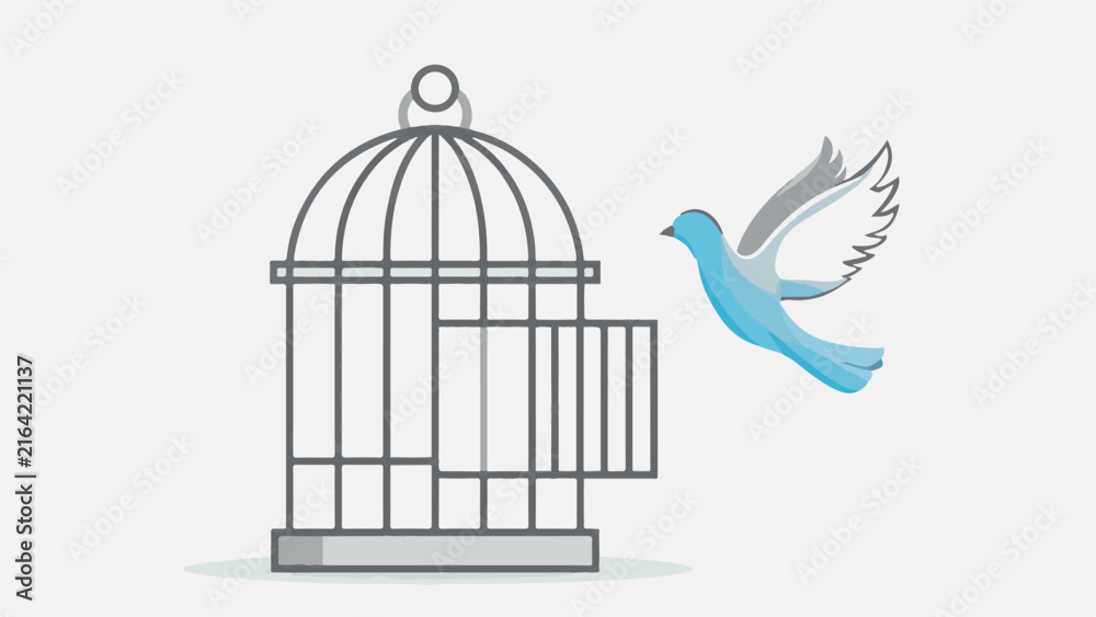 Fototapeta premium A blue bird flying out of an open metal cage illustration.