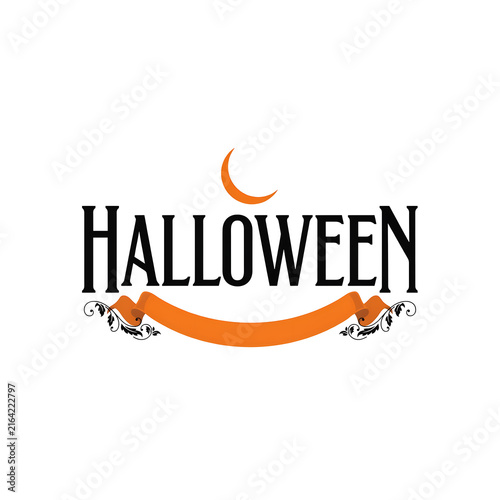 Halloween typography with crescent moon and orange ribbon illustration