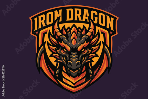 Iron Dragon Logo Design Featuring a Fierce Mythical Creature Head with Stylized Flames and Sharp Claws. Bold Typography and Vibrant Colors Create a