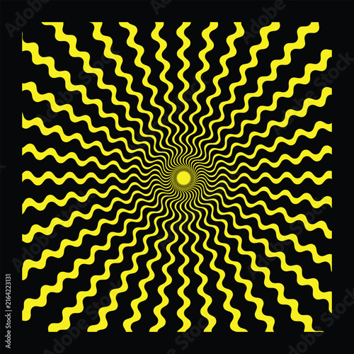 Abstract yellow wavy sunburst rays pattern on black background with optical illu