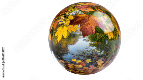 transparent glas sphere containing colorful autumn leaves and seasonal foliage isolated on white background 