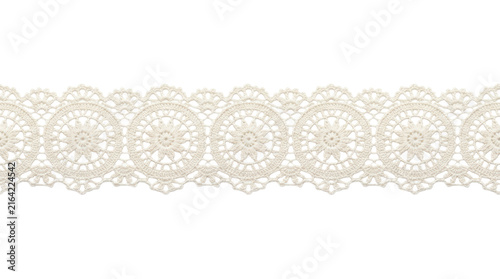 Horizontal ivory crochet lace trim with floral medallions and scalloped edges