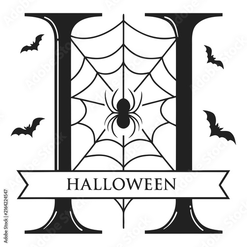 Halloween Spider Web Letter H Gothic Monogram Logo Black White Vector