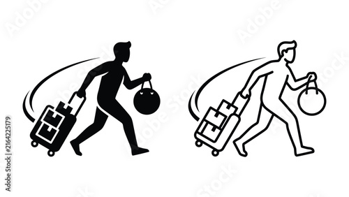 Foto Travel Icon Set: A stylized depiction of a person in motion, pulling a wheeled suitcase and carrying a duffel bag, symbolizing travel and journeys