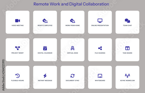 Remote Work and Digital Collaboration Vector Icon Set – Online Meeting and Teamwork Symbols