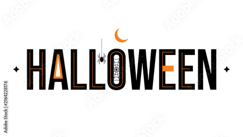 Colorful halloween typography with crescent moon and spooky silhouette