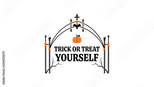 Halloween design with a pumpkin bat and the phrase trick or treat yourself