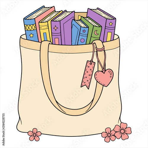 Colorful Books in a Cute Canvas Tote Bag Illustration
