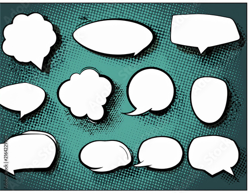 Retro empty comic speech bubbles set with black halftone shadows.