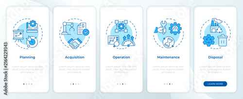 Total asset duration onboarding mobile app screen. Continuous process improvement pipeline. Waste mitigation. UI UX walkthrough 5 steps editable graphic instructions with linear concepts
